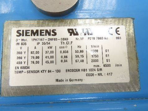 Siemens 1PH7167-2HF03-0BK0 Servo Motor 45kW 2000 RPM 460V 3PH Fan Cooled