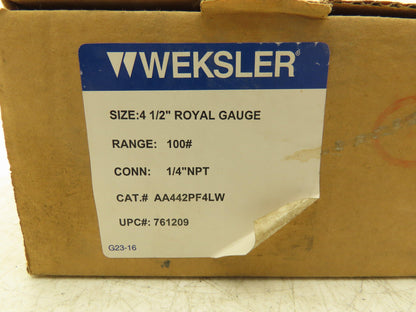 Weksler AA442PF4LW 4.5" Royal Dial Gauge 1/4" NPT 0-100 psig