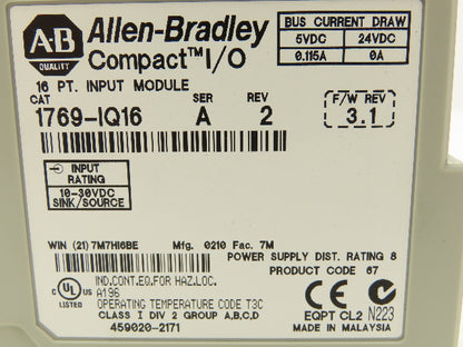Allen Bradley 1769-IQ16 1769-OV16 Relay Input Sinking Output Module Lot of 2