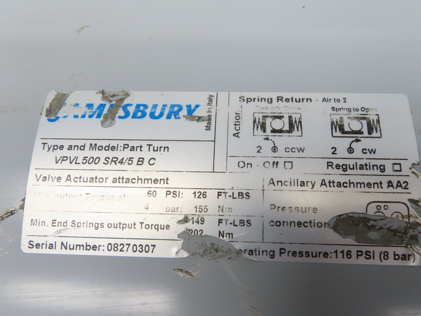 Jamesbury 815L113600XZ Stainless 8" Butterfly Valve Wafer-Sphere Air Actuated