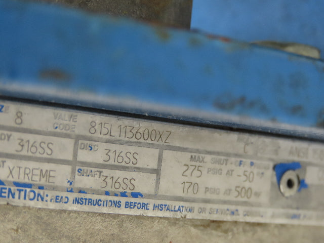 Jamesbury 815L113600XZ Stainless 8" Butterfly Valve Wafer-Sphere Air Actuated