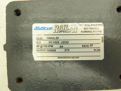 Morse Raider 154UL20 Worm Gearbox 20:1 Reducer .64Hp 87.5rpm 3/4" LH Output