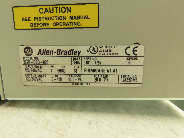 Allen Bradley 2098-DSD-020 Ultra 3000 Servo Drive 120/240V 1PH V1.41 Ser B