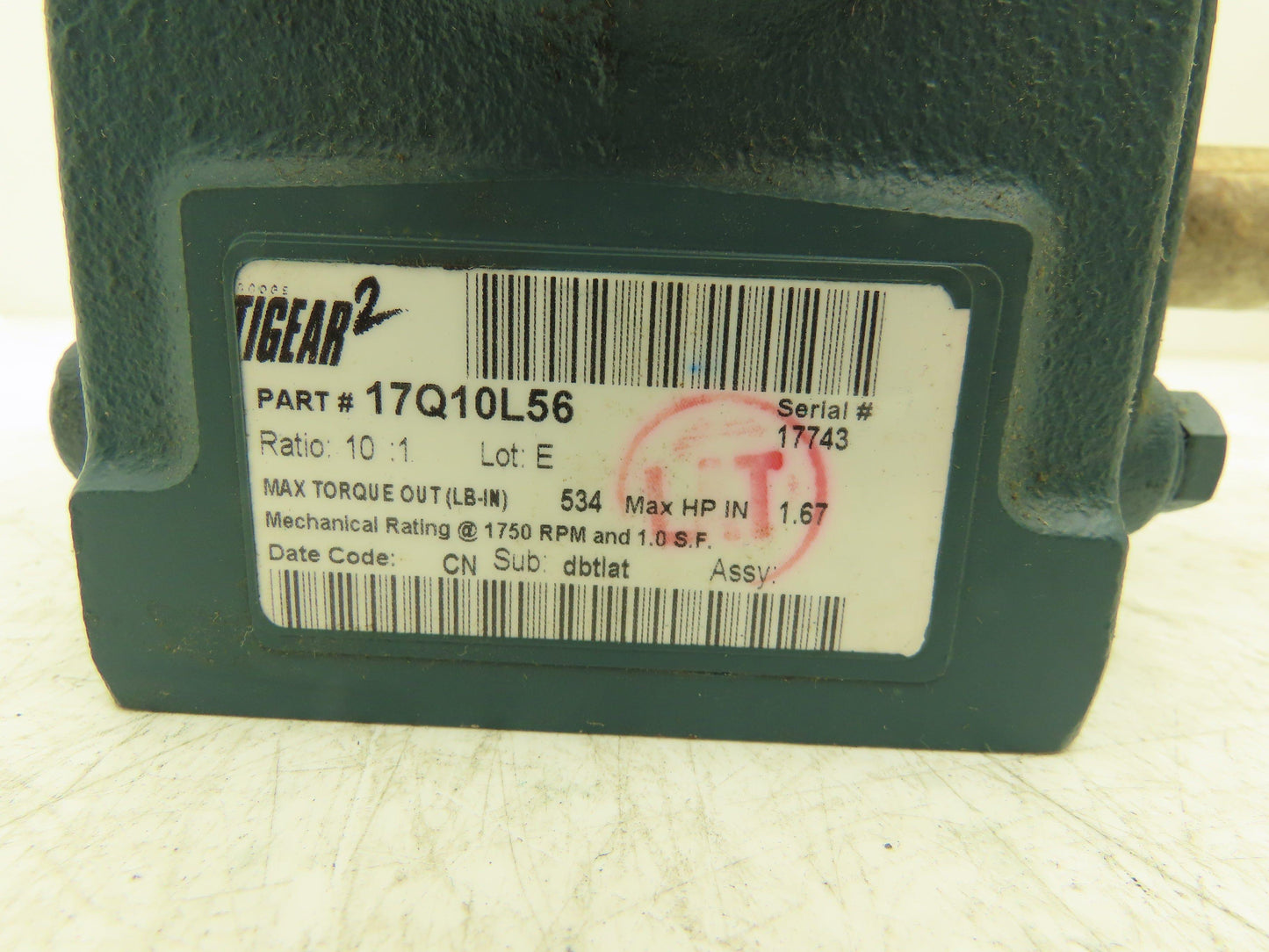 Dodge Tigear 17Q10L56 Worm Gearbox 10:1 Reducer 1.67Hp 175rpm 56C LH Output