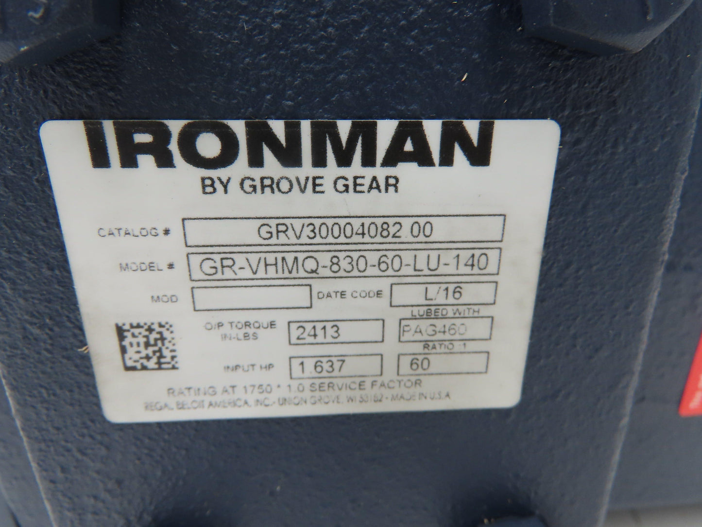 Grove Gear Ironman GR-VHMQ-830-60-LU-140 Gearbox 60:1 Reducer 1.6Hp 29rpm 140TC