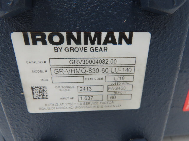 Grove Gear Ironman GR-VHMQ-830-60-LU-140 Gearbox 60:1 Reducer 1.6Hp 29rpm 140TC
