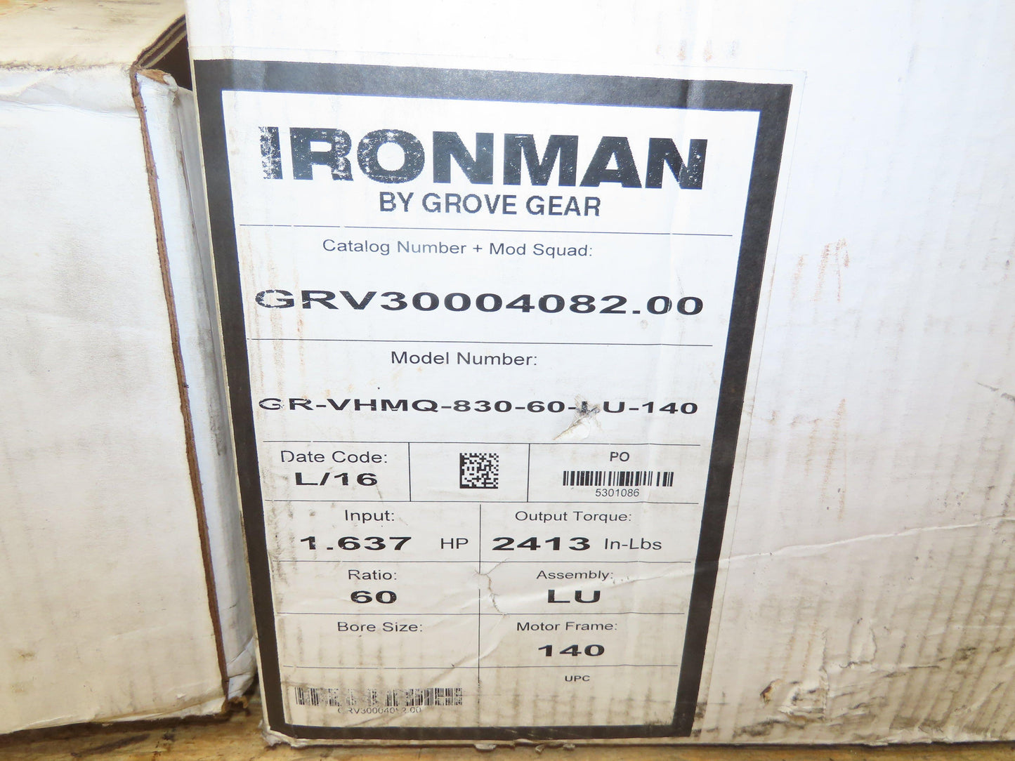 Grove Gear Ironman GR-VHMQ-830-60-LU-140 Gearbox 60:1 Reducer 1.6Hp 29rpm 140TC