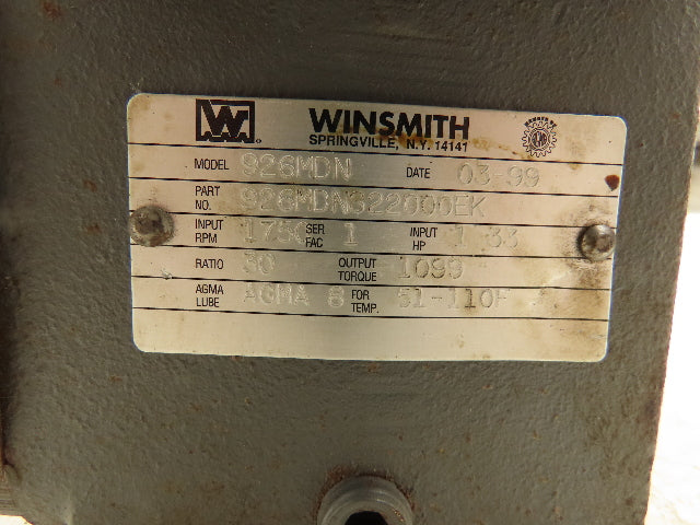 Winsmith 926MDN Gearbox 30:1 Reducer 1.33Hp 58rpm 143/145TC Dual Shaft