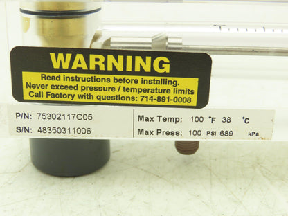 King Instrument 75302117C05 Flow Meter 14" Long 3/4" NPT Adjustable Clear F Port