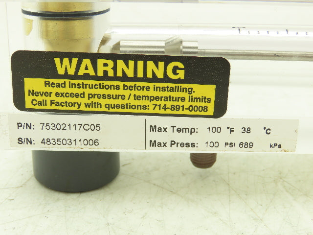 King Instrument 75302117C05 Flow Meter 14" Long 3/4" NPT Adjustable Clear F Port