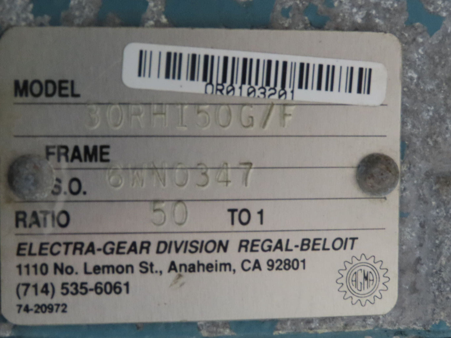 Electra Gear 30RHI50G/F Gearbox 50:1 Reducer Hollow Shaft Fan Cooled