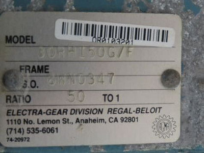 Electra Gear 30RHI50G/F Gearbox 50:1 Reducer Hollow Shaft Fan Cooled