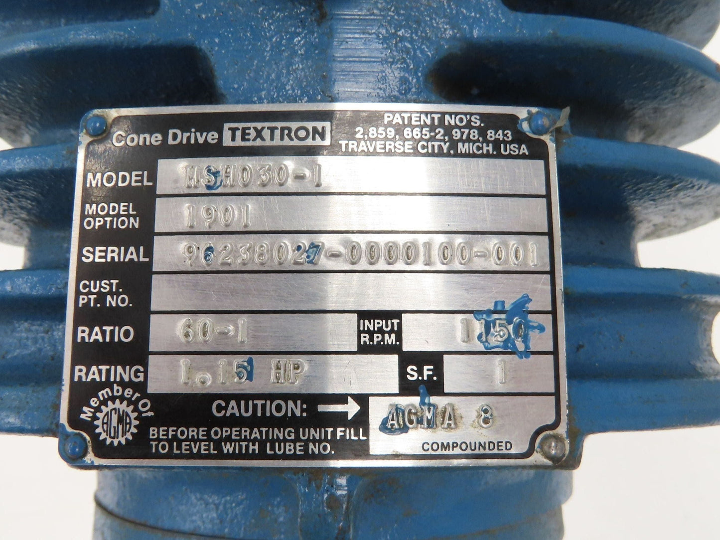 Cone Drive MSH030-1 Worm Gearbox 60:1 Reducer 19rpm 1.15Hp 1-1/2" Hollow Shaft