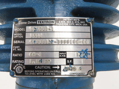 Cone Drive MSH030-1 Worm Gearbox 60:1 Reducer 19rpm 1.15Hp 1-1/2" Hollow Shaft