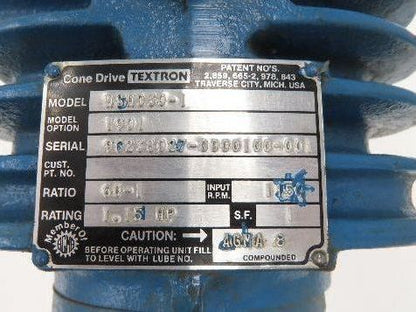 Cone Drive MSH030-1 Worm Gearbox 60:1 Reducer 19rpm 1.15Hp 1-1/2" Hollow Shaft