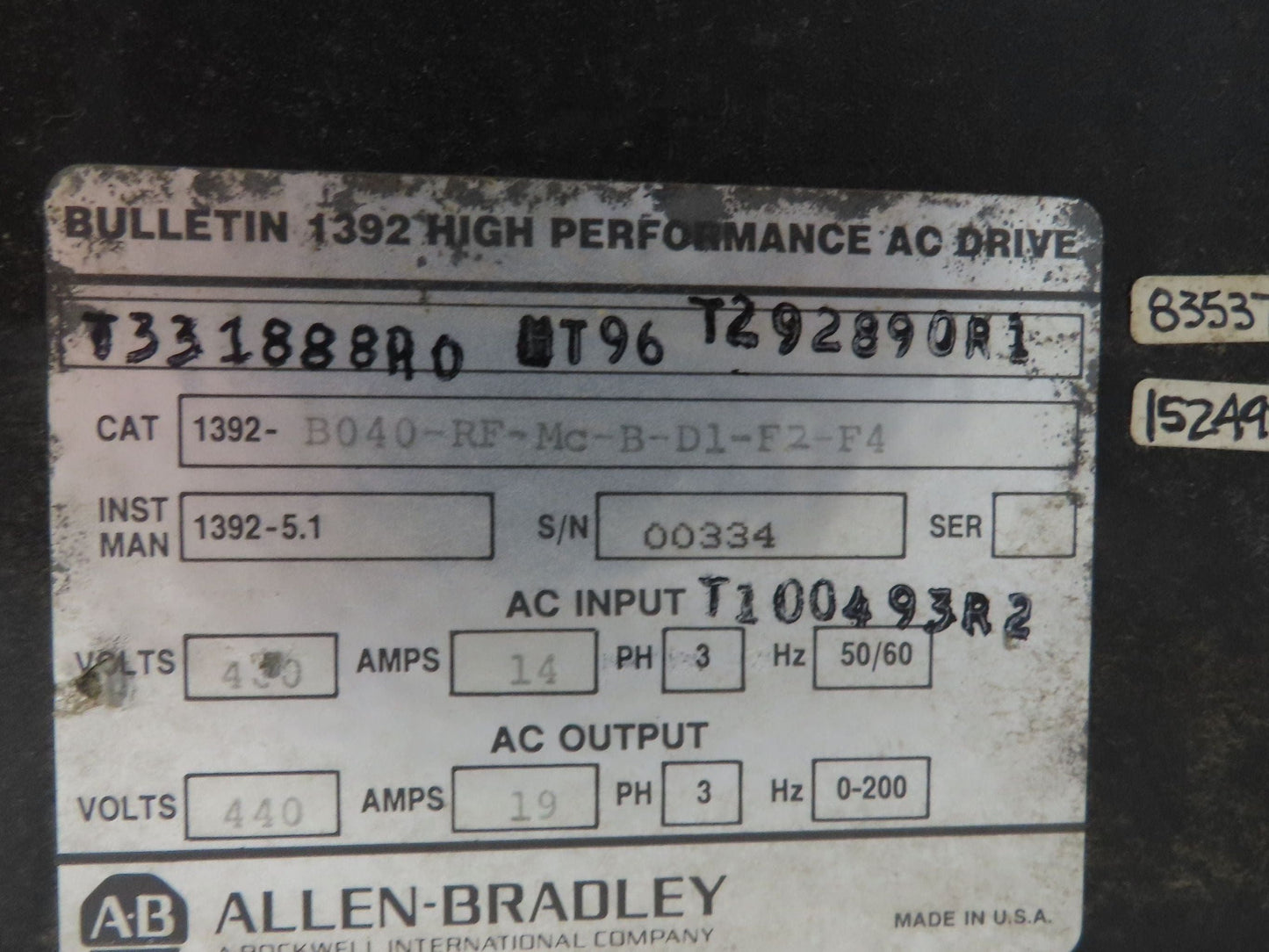 Allen Bradley 1392-B040-RF-MC-B-D1-F2-F4 AC Drive 480Vac In 440V 19A 0-200Hz Out