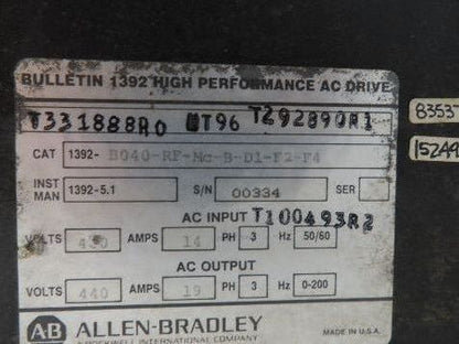 Allen Bradley 1392-B040-RF-MC-B-D1-F2-F4 AC Drive 480Vac In 440V 19A 0-200Hz Out