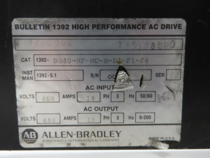 Allen Bradley 1392-B040-RF-MC-B-D1-F1-F4 AC Drive 480Vac In 440v 19A 0-200Hz Out