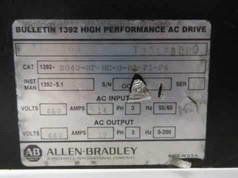 Allen Bradley 1392-B040-RF-MC-B-D1-F1-F4 AC Drive 480Vac In 440v 19A 0-200Hz Out