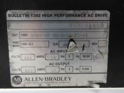 Allen Bradley 1392-B040-RF-MC-B-D1-F1-F4 AC Drive 480Vac In 440v 19A 0-200Hz Out