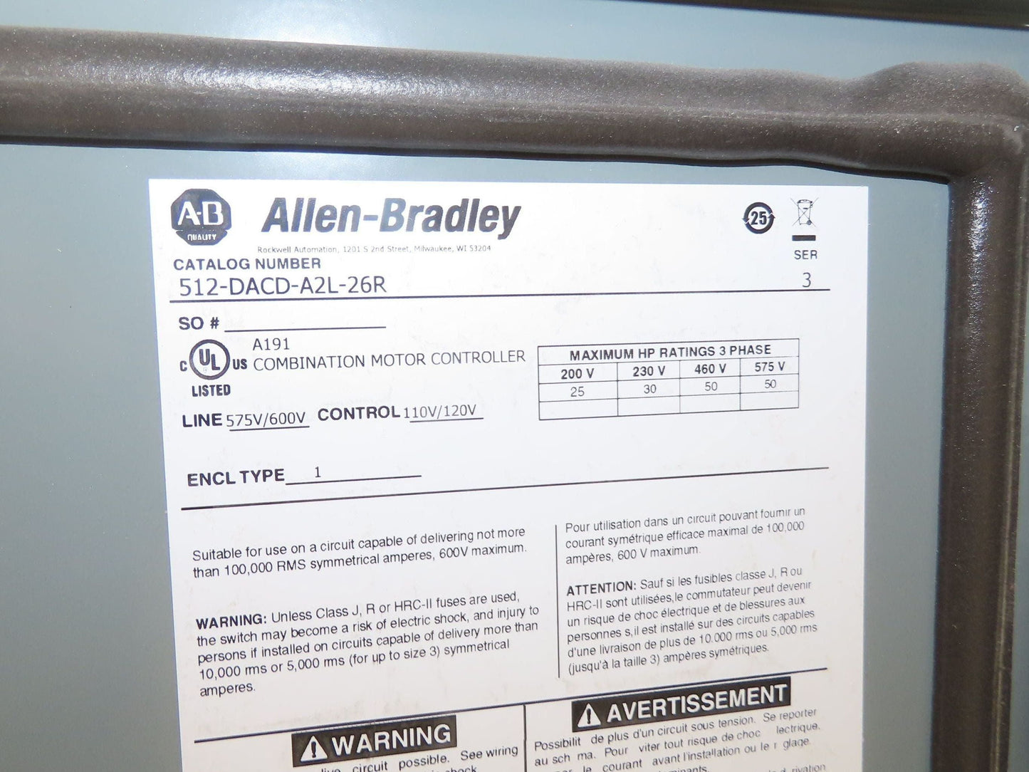 Allen Bradley 512-DACD-26R Combination Motor Starter Sz 3 NEMA 50HP 480V Fused