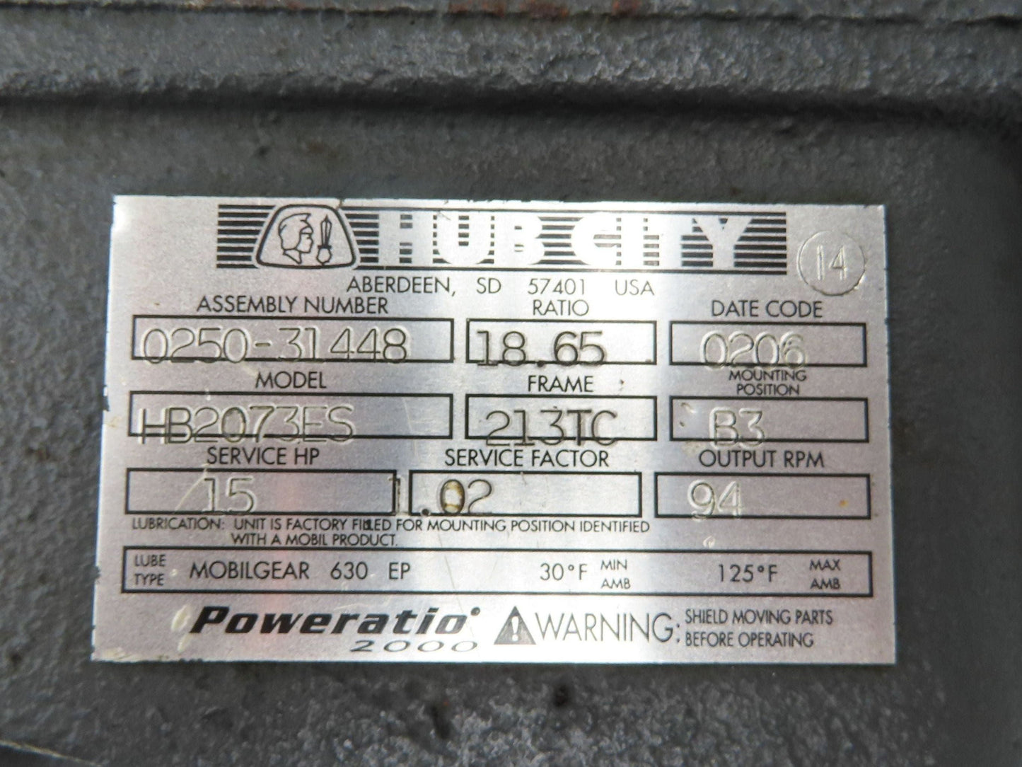 Hub City HB2073ES Helical Gearbox 18.65 Reducer 15Hp 94rpm 213TC Hollow Shaft