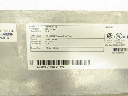 ABB ACS800-U1-0009-2+P901 VFD 3Ph 208-240Vac In 7.5Hp 208-240V 27A 300Hz Out