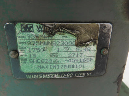 Winsmith D-90 SE Gearbox 15:1 Reducer 5.5Hp 116rpm 180TC Dual Shaft 935MWNS23006