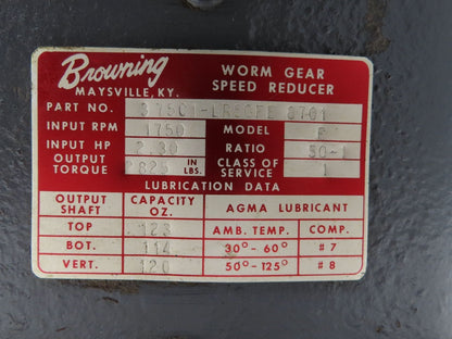 Browning 375C1-LR50FE 8701 50:1 Gearbox Reducer 2.3Hp 35rpm 143/145T Dual Shaft