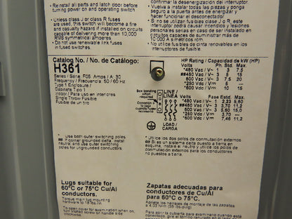 Square D H361 Fusible Heavy Duty Safety Disconnect Switch 30A 600VAC F05