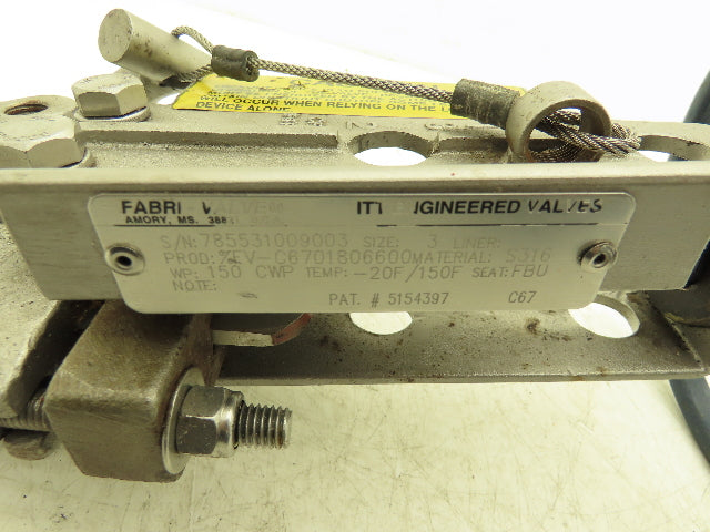 Fabri-Valve FV1312 Knife Gate Valve Size 3 Lockout Rising Stem Stainless