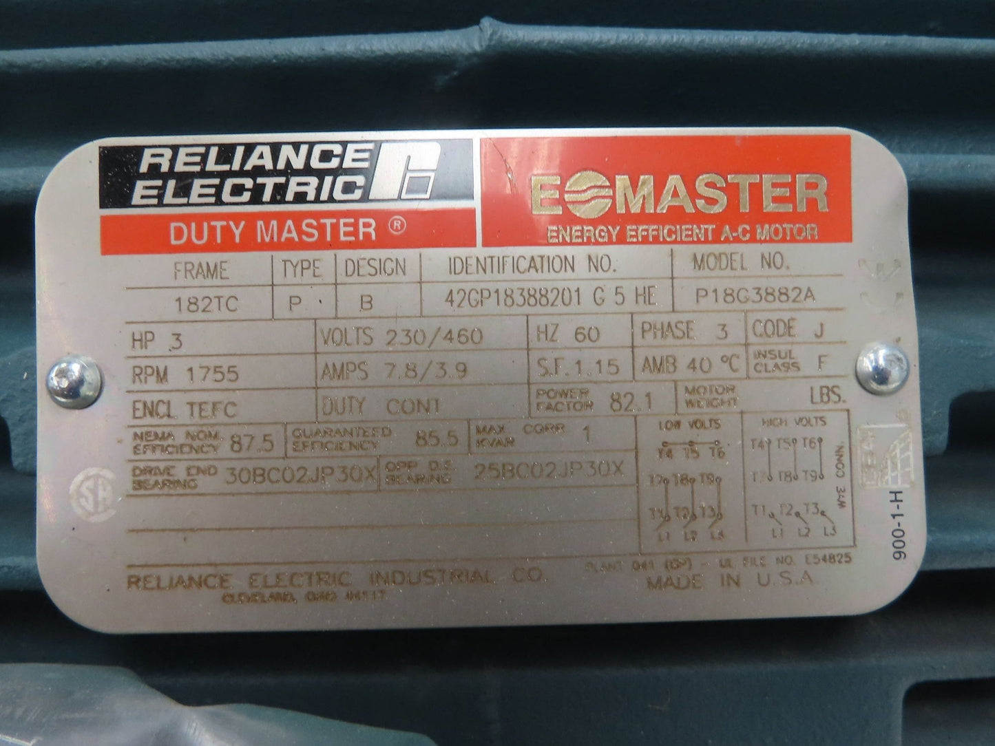 Reliance Electric P18G3882A AC Motor 3Hp 1755rpm 230/460v 3ph 182TC TEFC