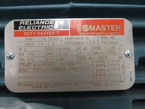 Reliance Electric P18G3882A AC Motor 3Hp 1755rpm 230/460v 3ph 182TC TEFC