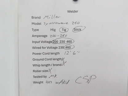 Miller Syncrowave 250 Arc Welding Power Source CC AC/DC Constant Current