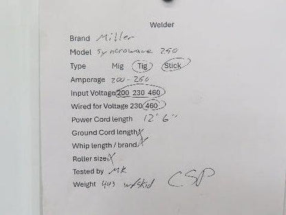 Miller Syncrowave 250 Arc Welding Power Source CC AC/DC Constant Current