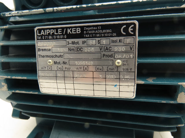 Laipple KEB MA90P2 AC Motor 3Kw/4Hp 2830 RPM 230/400V 3PH IEC 90 Frame