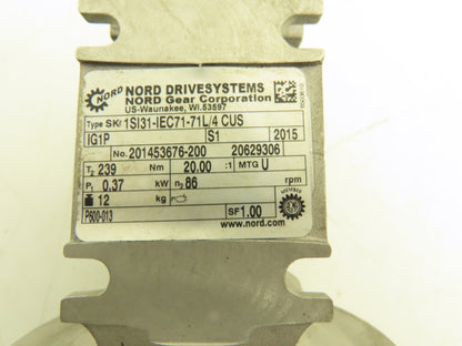 Nord SK71L/4 CUS IG1P 20:1 Gearmotor w/Encoder .5Hp 230/460V 86rpm Hollow Shaft