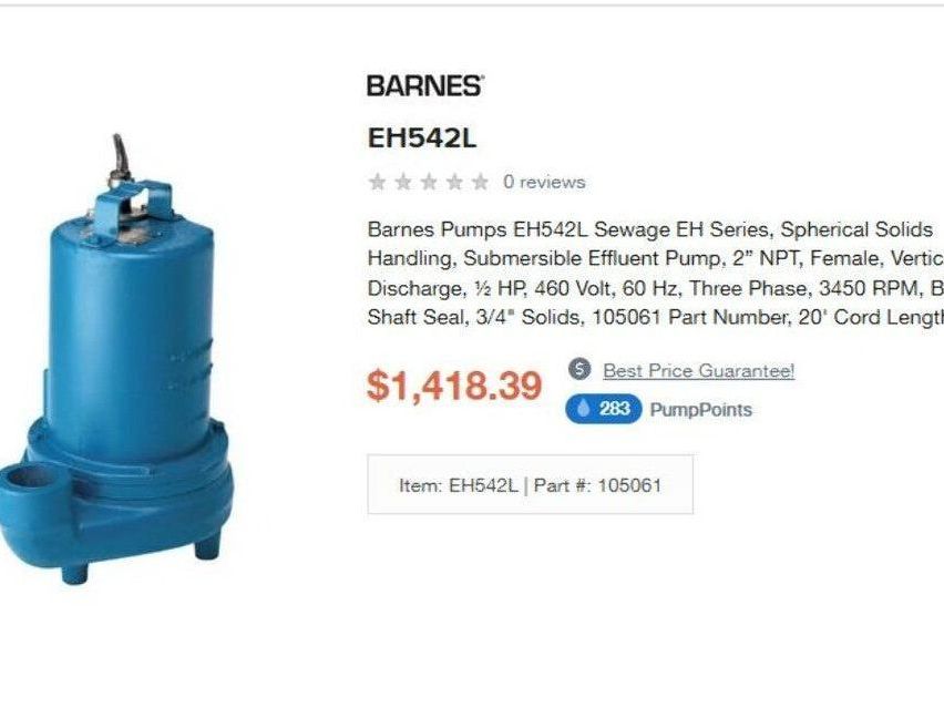 Barnes EH542L Submersible Effluent Sewage Sump Pump 2"NPT 1/2Hp 460V 3PH
