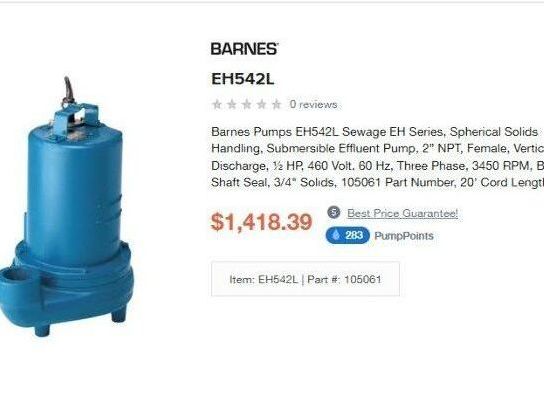 Barnes EH542L Submersible Effluent Sewage Sump Pump 2"NPT 1/2Hp 460V 3PH