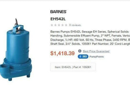 Barnes EH542L Submersible Effluent Sewage Sump Pump 2"NPT 1/2Hp 460V 3PH