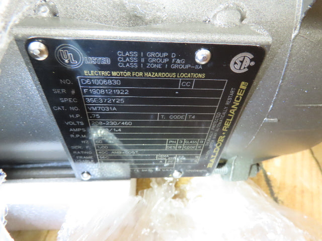 Baldor VM7031A AC Motor .75Hp 1200 RPM 230/460V 3PH 56C XPFC Explosion Proof