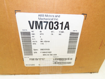 Baldor VM7031A AC Motor .75Hp 1200 RPM 230/460V 3PH 56C XPFC Explosion Proof