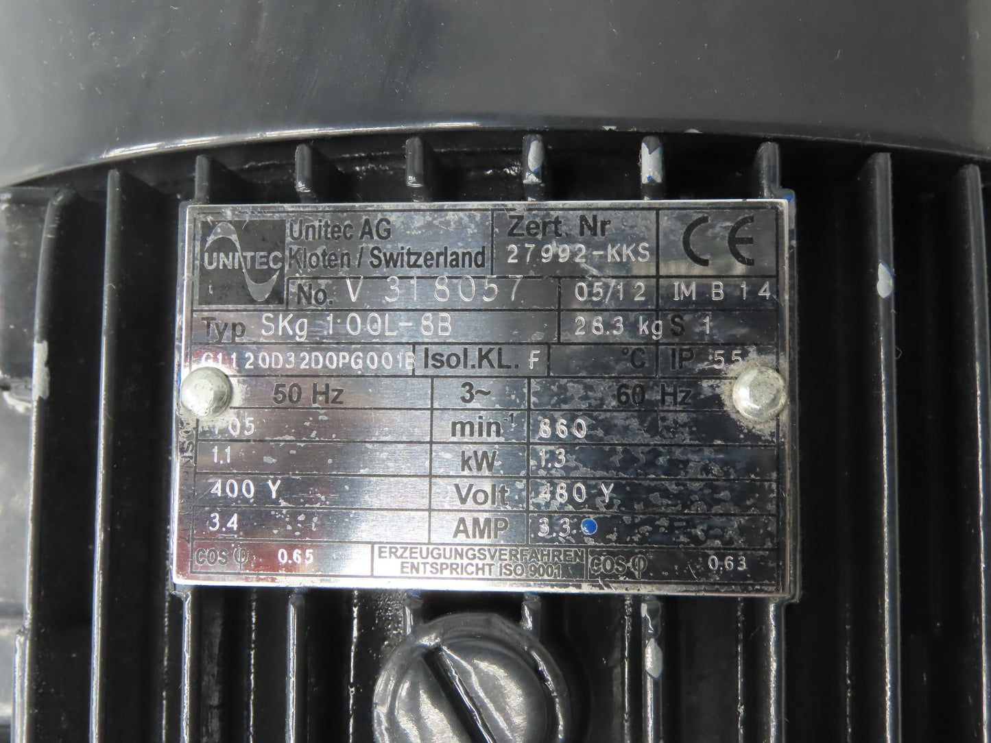 Unitec SKg 100L-8B AC Double Shaft Motor 1.74Hp 860rpm 460Y 3ph 100L TEFC