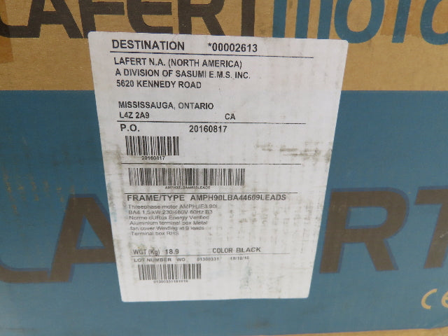 Lafert AMPH 90L BA4 AC Motor 2Hp 1735rpm 230/460v 3ph 90L TEFC