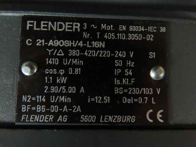 Flender C 21-A90SH/4-L16N Brake Gearmotor 12.5:1 Ratio 114rpm 1.1kW 420/240 3PH