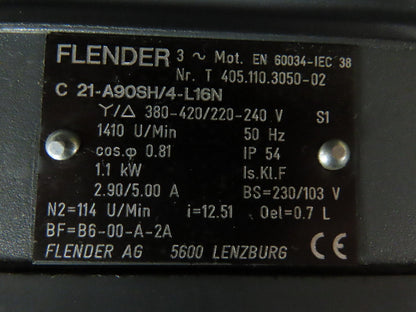 Flender C 21-A90SH/4-L16N Brake Gearmotor 12.5:1 Ratio 114rpm 1.1kW 420/240 3PH