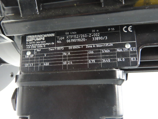Brinkmann KTF 152/260 Plastic Immersion Pump 1.7Hp 3440 RPM 460V 3PH