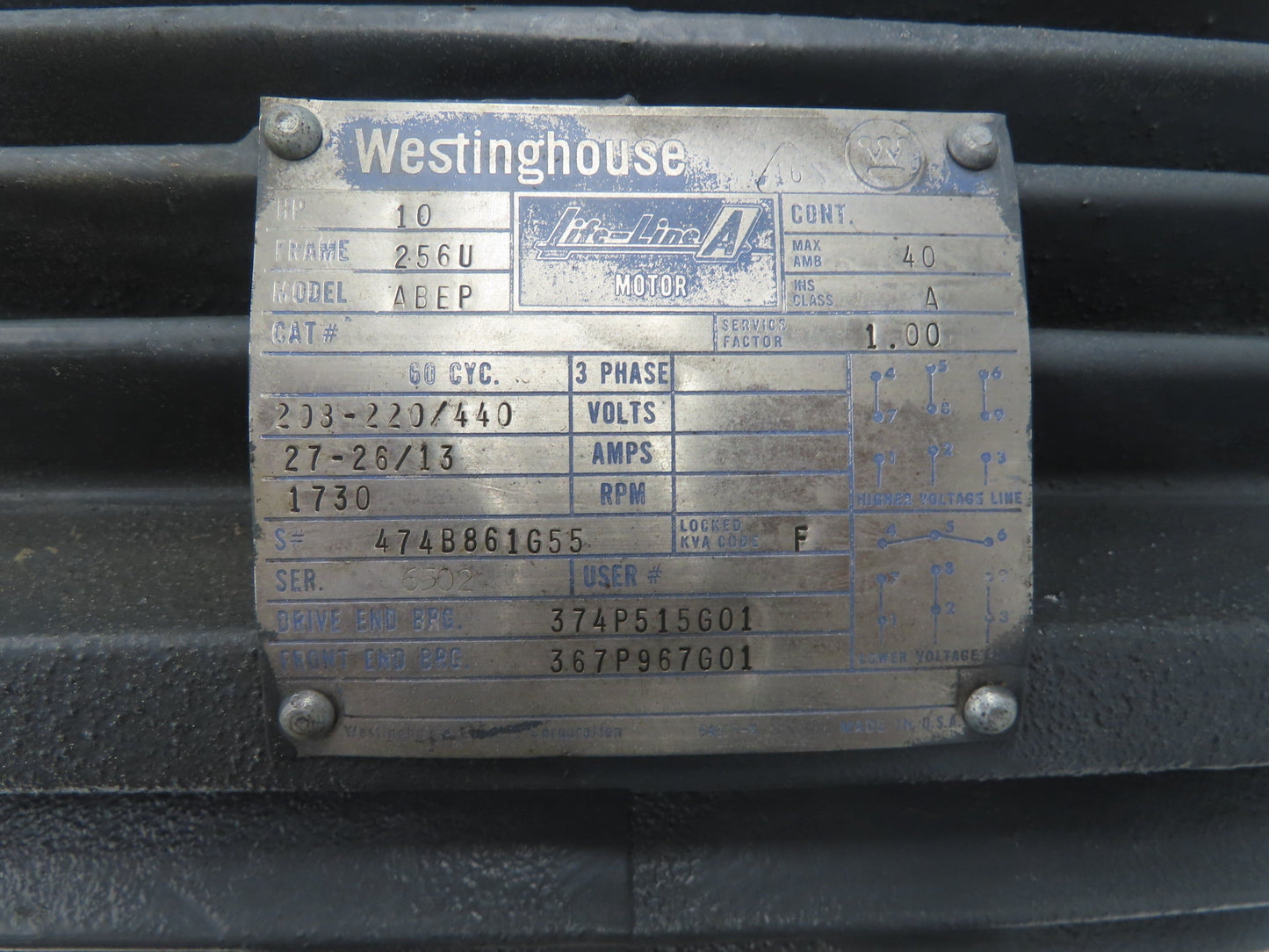 Westinghouse ABEP AC Motor 10Hp 1730rpm 208-230/460V 3ph 256U TEFC