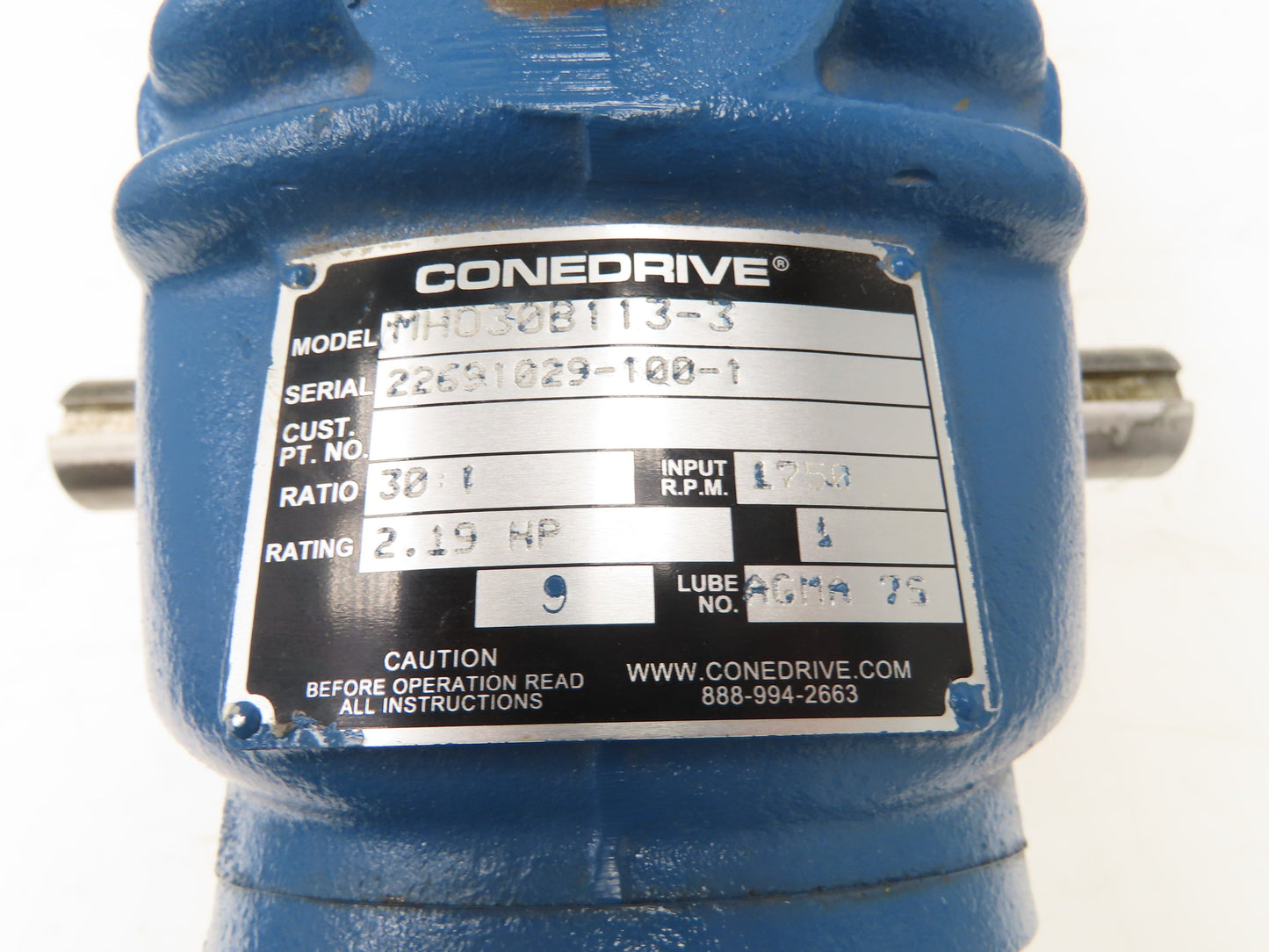Cone Drive MHO30B113-3 Worm Gearbox 30:1 Reducer 2.19Hp 58rpm 56C Dual Output