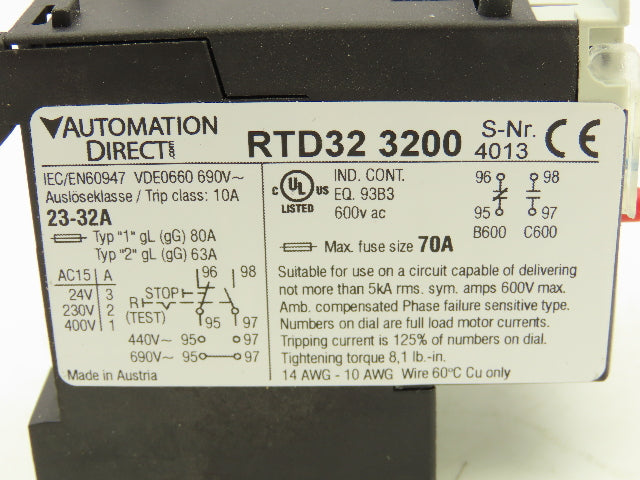 Automation Direct RTD32 3200 Thermal Overload Relay 23-32A 600VAC Lot of 3